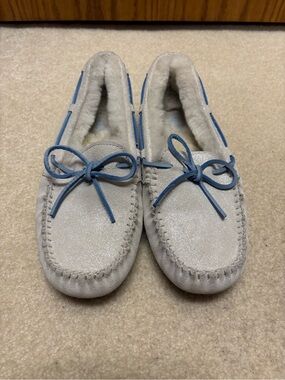 UGG Women's Light Gray Moccasin Slippers with Blue Trim